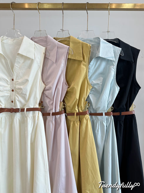 Collar Ruched Design Dress with Belt